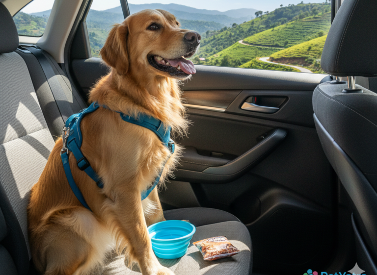 Dog safely sitting in car with seat belt - PetYatra Travel Guide.