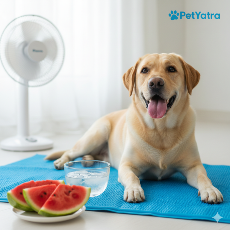 Summer dog care tips - Dog on cooling mat with water and watermelon.