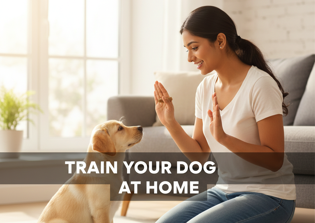 Training a dog at home with treats - Basic commands guide.